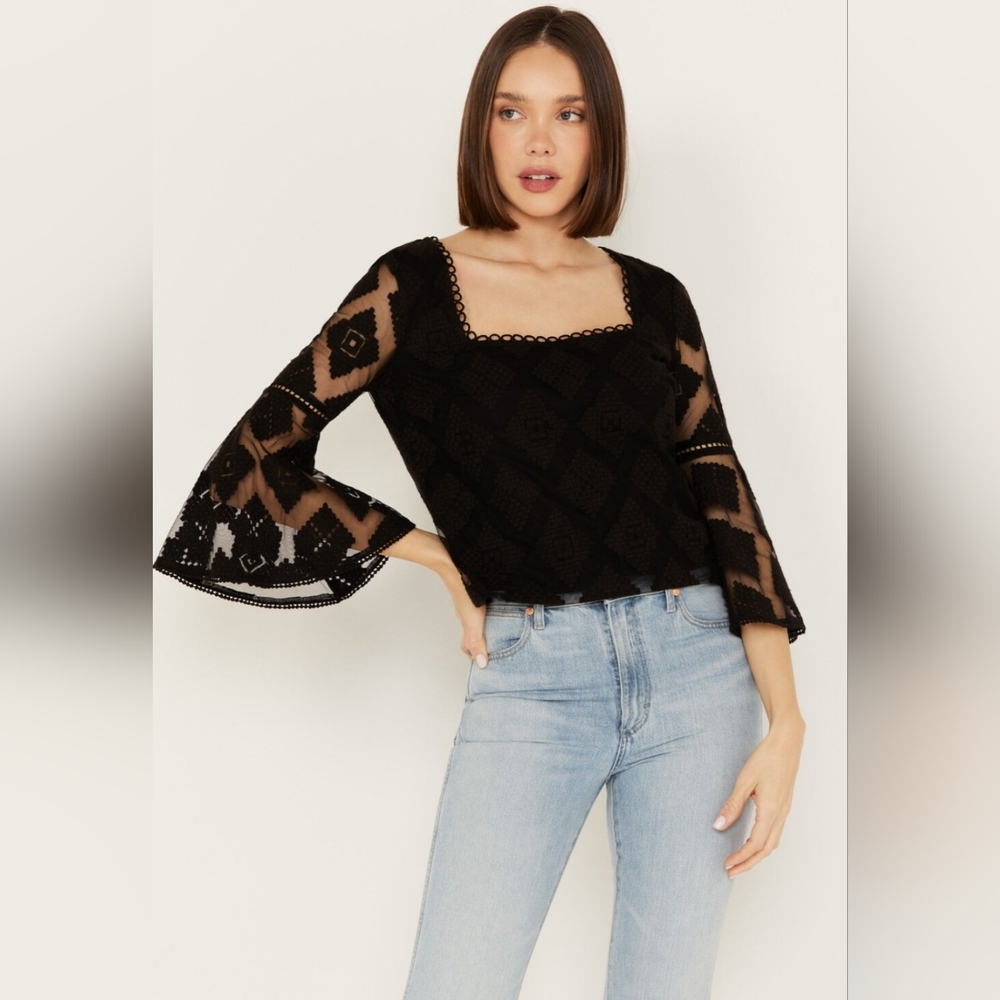 Shyanne Black Crochet Lace Bell Sleeve Top